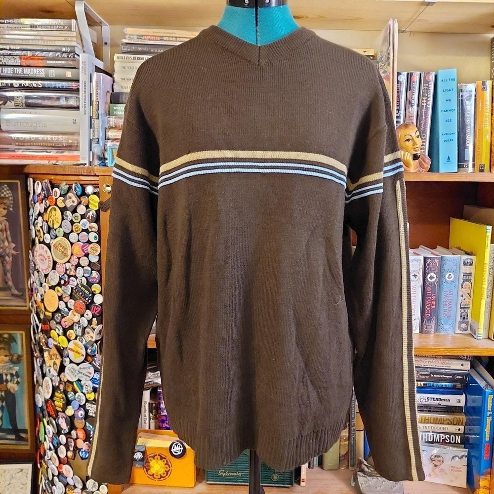 Vintage Point Zero Brown Striped V-Neck Sweater 90s Skater Y2K Medium